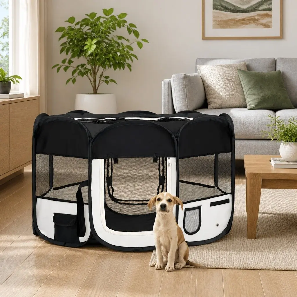 Foldable Dog Playpen Portable Pet Exercise Run Cage Training Area 125 x 125 x 61 cm Black