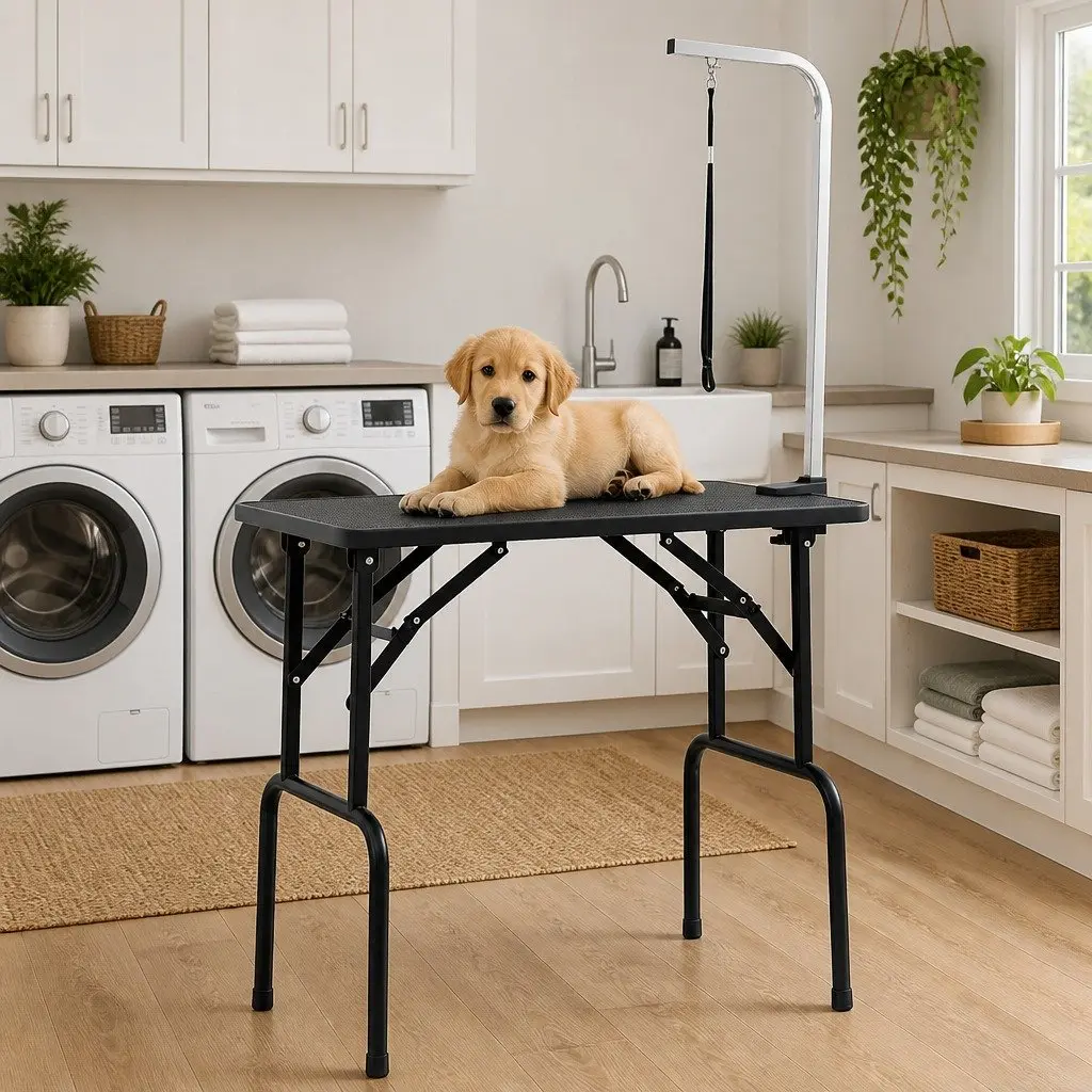 Dog Grooming Table Adjustable Height Foldable Black Non-Slip Surface