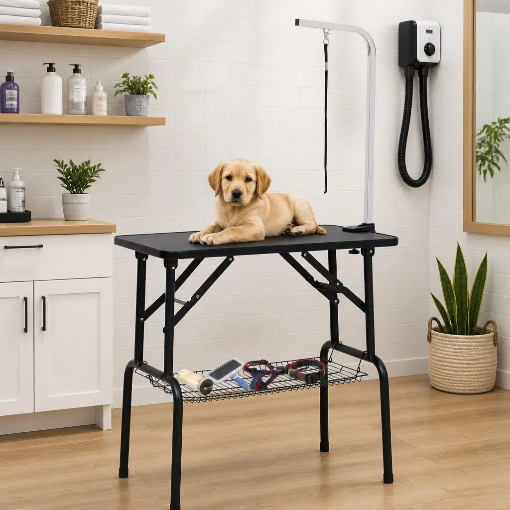 Dog Grooming Table Adjustable Height Foldable Non-Slip Black Tabletop