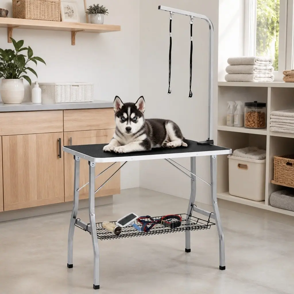 Dog Grooming Table Adjustable Foldable Black with 2 Loops and Basket