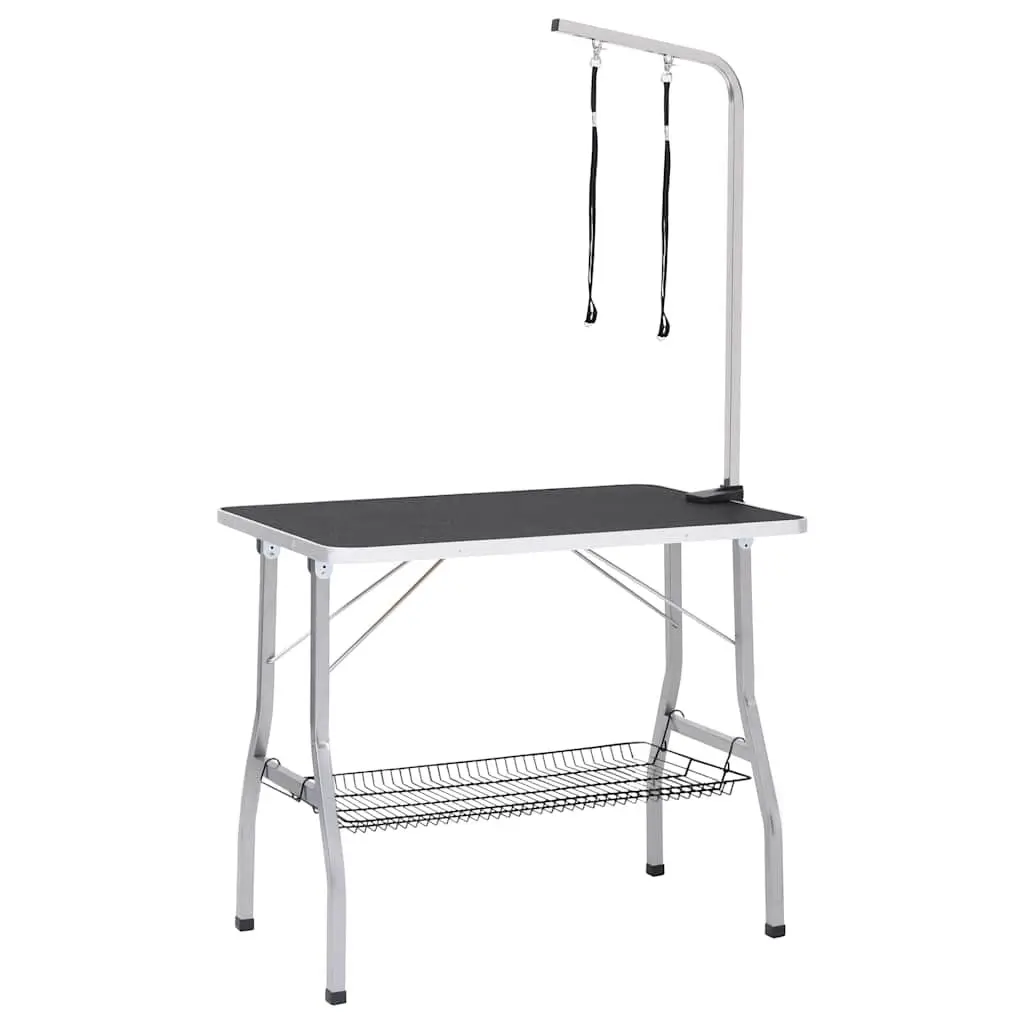 Dog Grooming Table Adjustable Foldable Black with 2 Loops and Basket