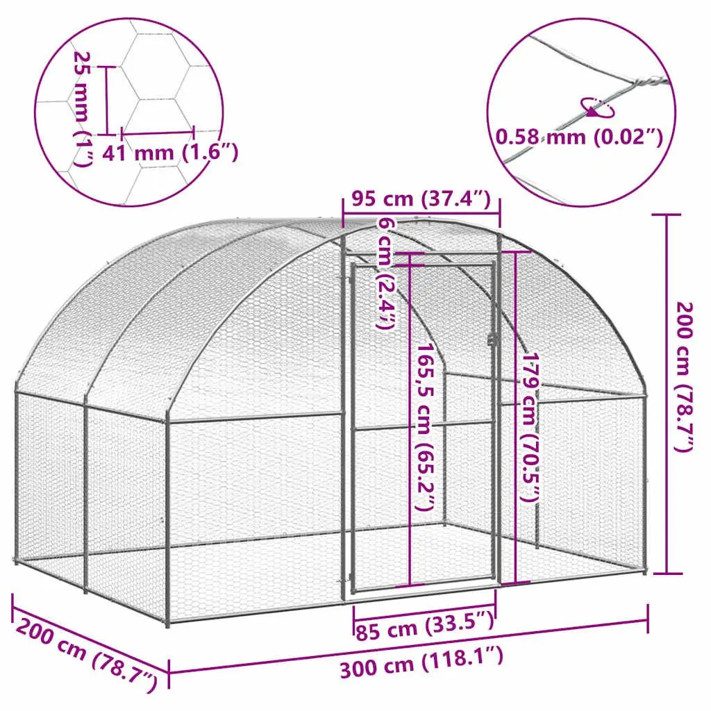 Outdoor Chicken Coop Poultry Run Enclosure 3x2x2m Galvanised Steel Silver