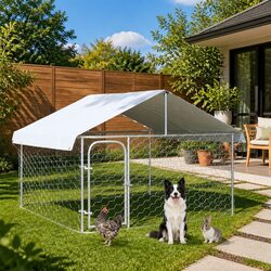 Outdoor Dog Kennel with Roof Sturdy Steel Frame Large Pen Run Enclosure Silver