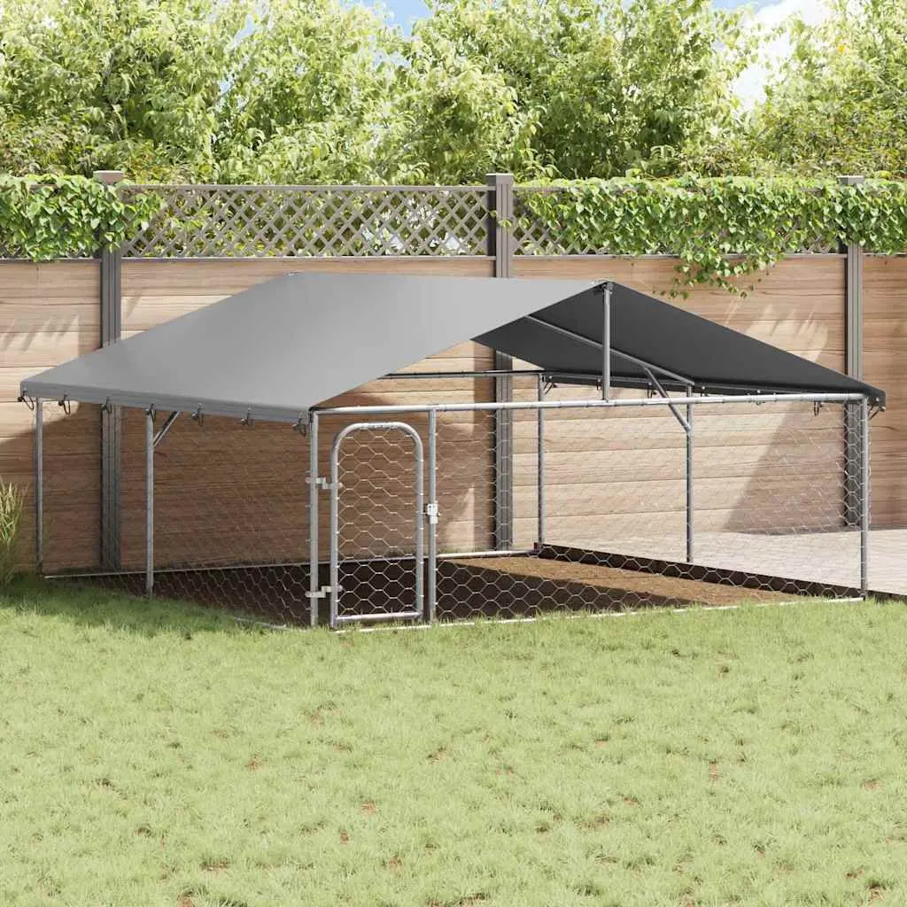 Outdoor Dog Kennel Large Backyard Enclosure with Roof Lockable Door Silver