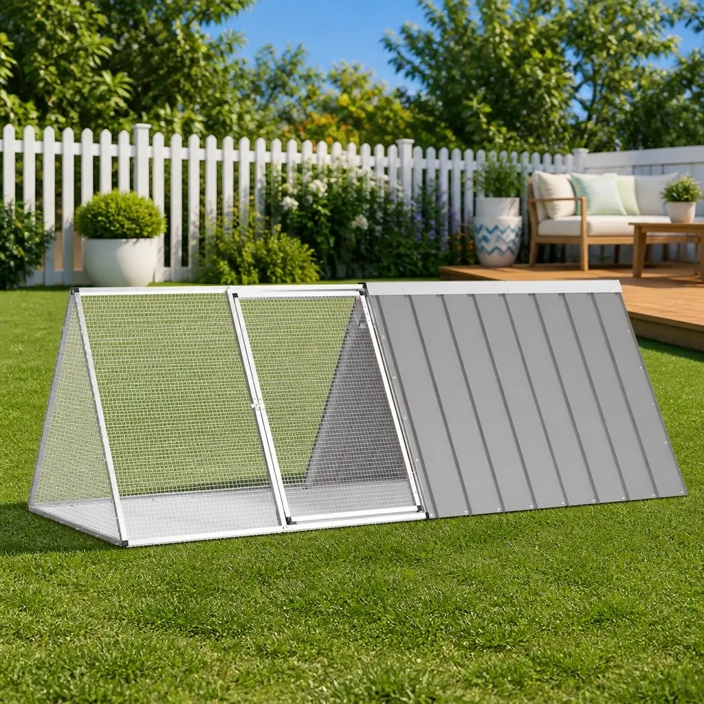 Rabbit Cage Outdoor Hutch Galvanised Steel Grey 201.5 x 80.5 x 71 cm Small Animal Enclosure Playpen