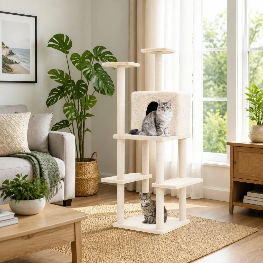 Cat Tree Multi-Level Cat Tower House 144.5cm Cream
