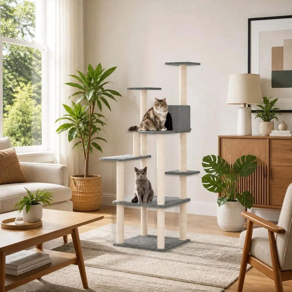 Multi-Level Cat Tree with House and Platforms Light Grey 153cm