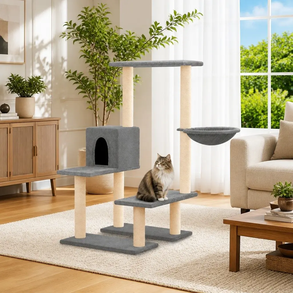 Cat Tree Multi-Level Scratching House Hammock Platforms 94.5cm Grey