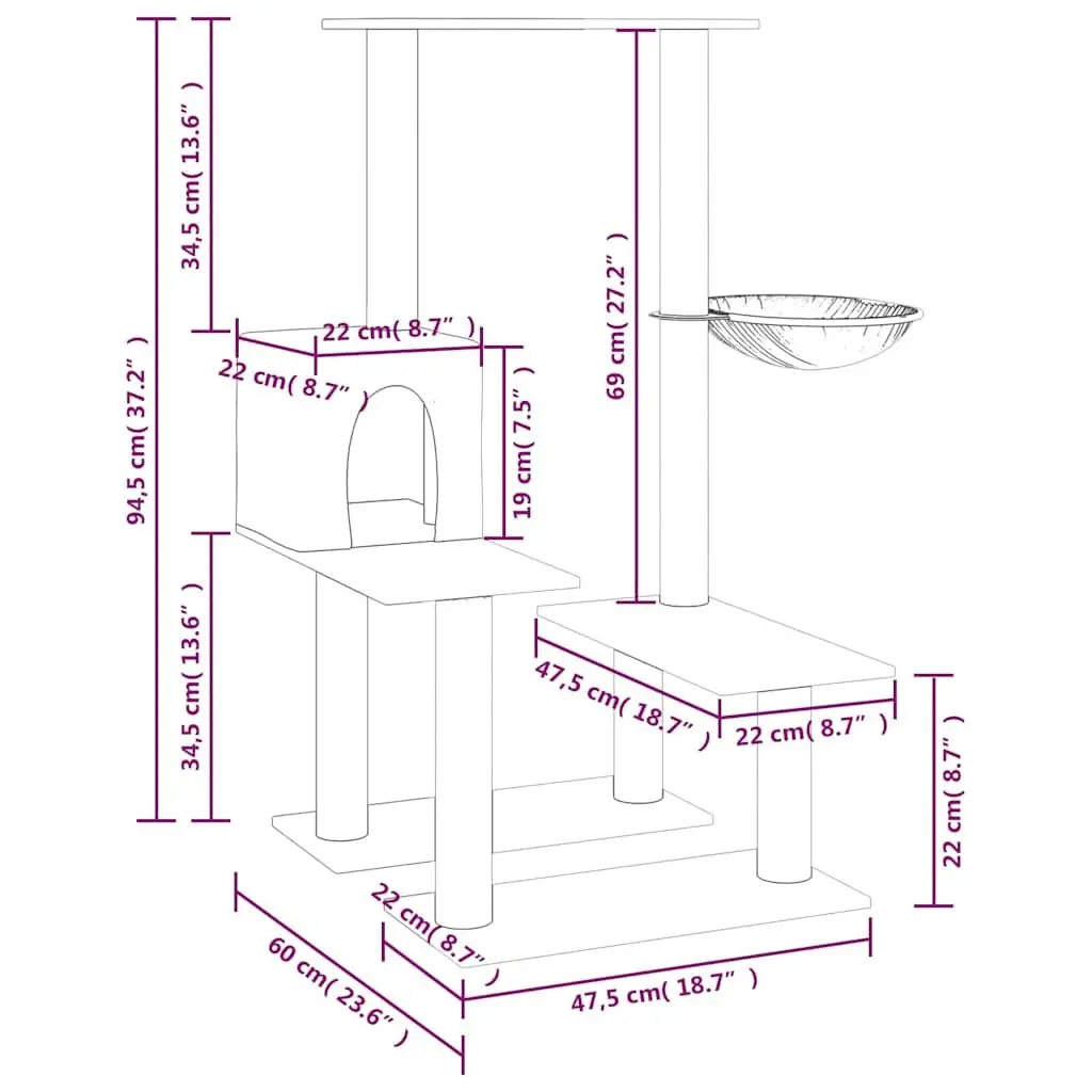 Cat Tree Multi-Level Scratching House Hammock Platforms 94.5cm Grey