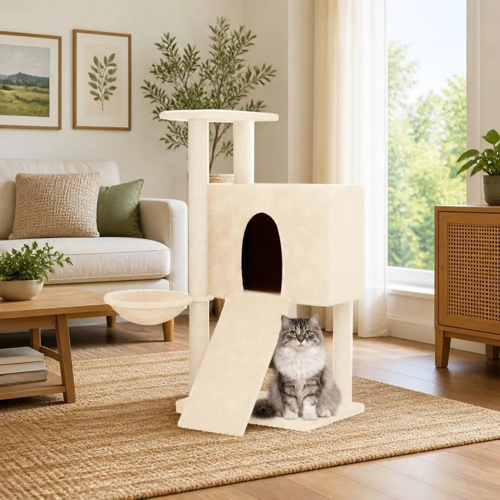 Cat Tree Multi-level Scratching Posts House Hammock Ladder Platform 96cm Cream