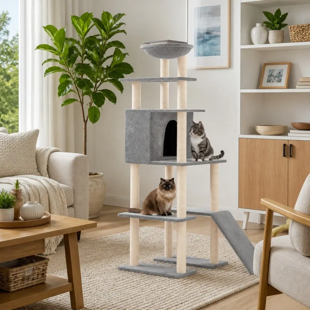 Cat Tree Multi-Level House Hammock Ladder Grey 166cm