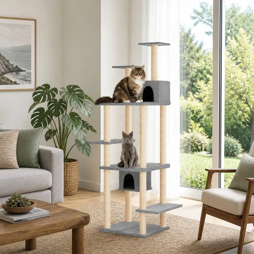 Multi-Level Cat Furniture with Houses and Platforms 176cm Grey Scratch Posts