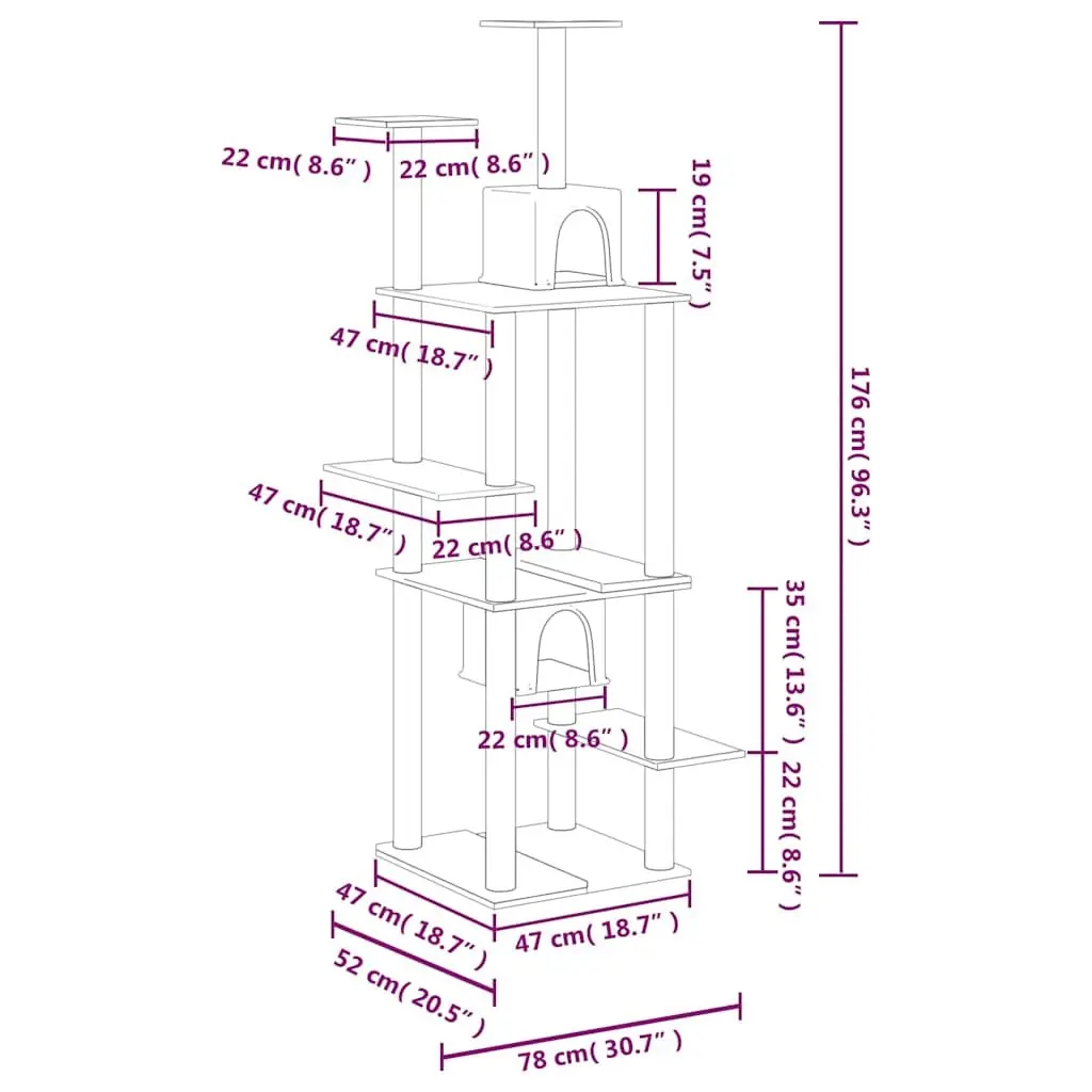 Multi-Level Cat Furniture with Houses and Platforms 176cm Grey Scratch Posts