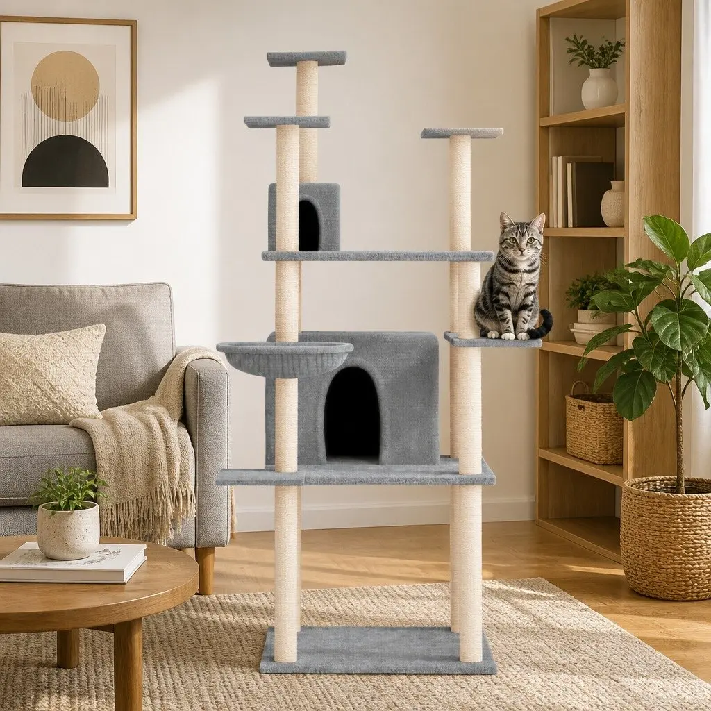 Cat Tree Multi-Level House Grey 166 cm with Sisal Scratching Posts and Platforms