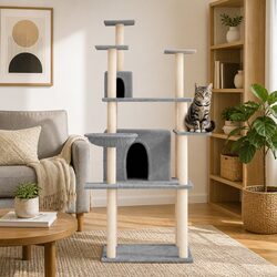 Cat Tree with Sisal Scratching Posts Grey Multi-Level House Basket Platforms