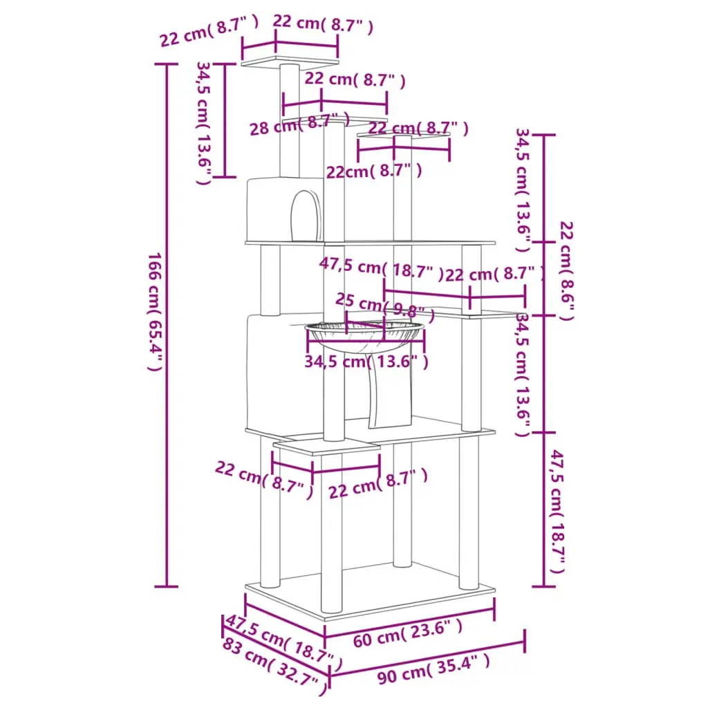Cat Tree Multi-Level House Grey 166 cm with Sisal Scratching Posts and Platforms