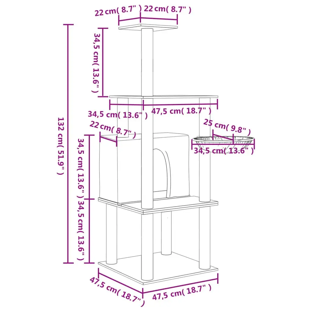 Cat Tree Multi-Level House Basket Platforms 132cm Grey