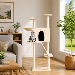 Cat Tree Cream Multi-Level Furniture House Basket Ladder Platforms Sisal Posts
