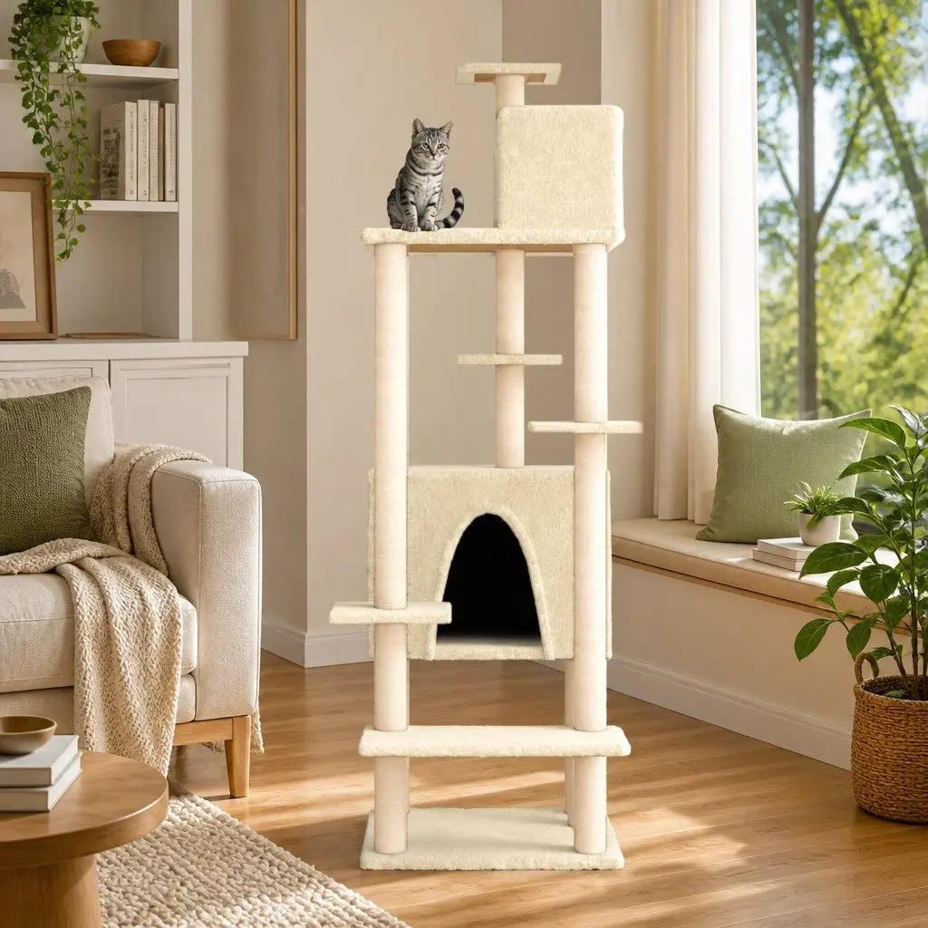 Cat Tree Multi-Level Houses Platforms 154cm Cream