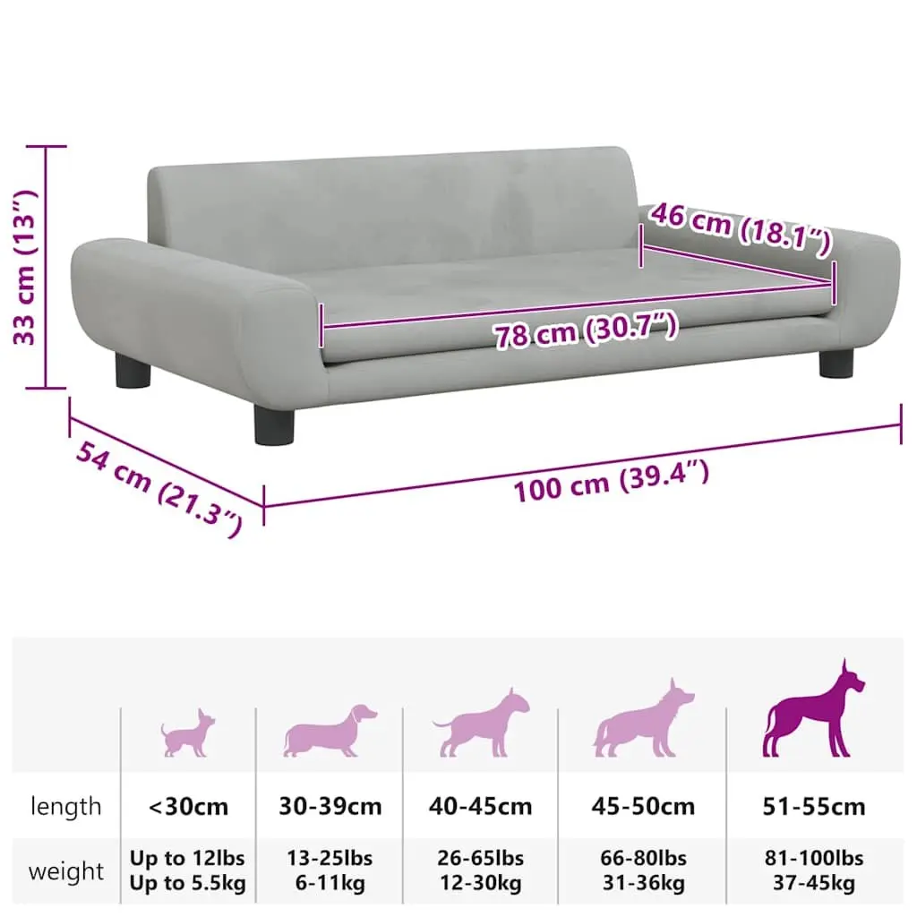 Dog Bed Light Grey Velvet Pet Sofa Cushion Couch Padded Foam Comfortable Rest