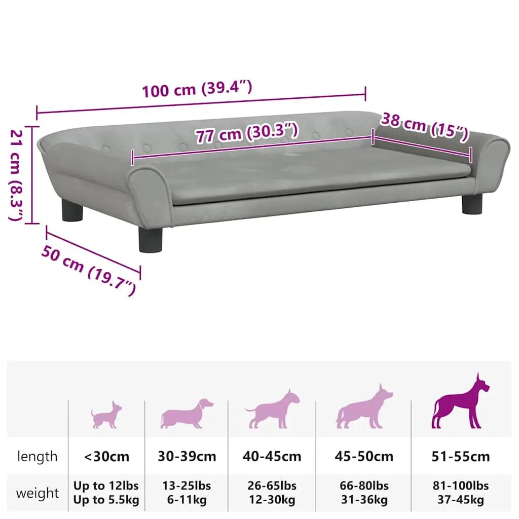 Dog Bed Grey Velvet Padded Soft Foam Couch 100 x 50 x 21 cm