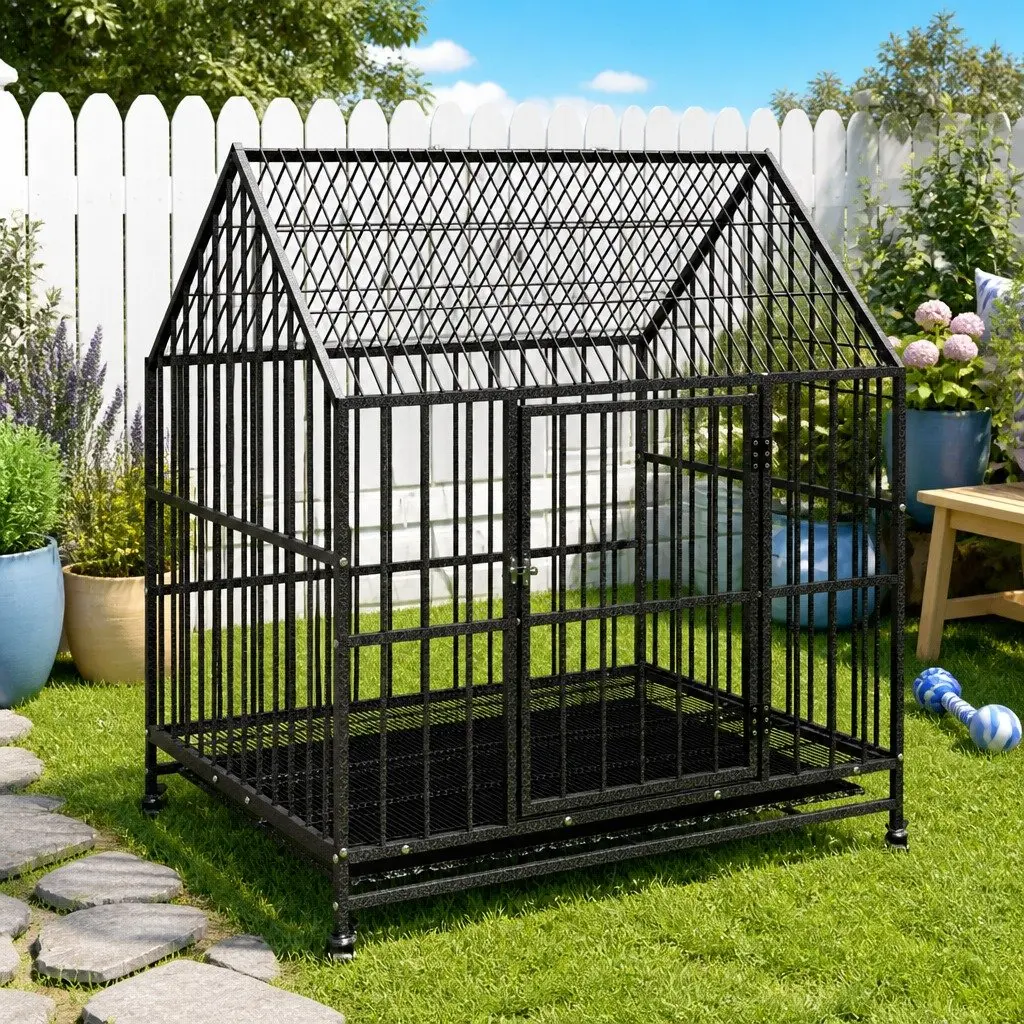 Dog Cage Outdoor Indoor Housing Black Galvanised Steel with Wheels