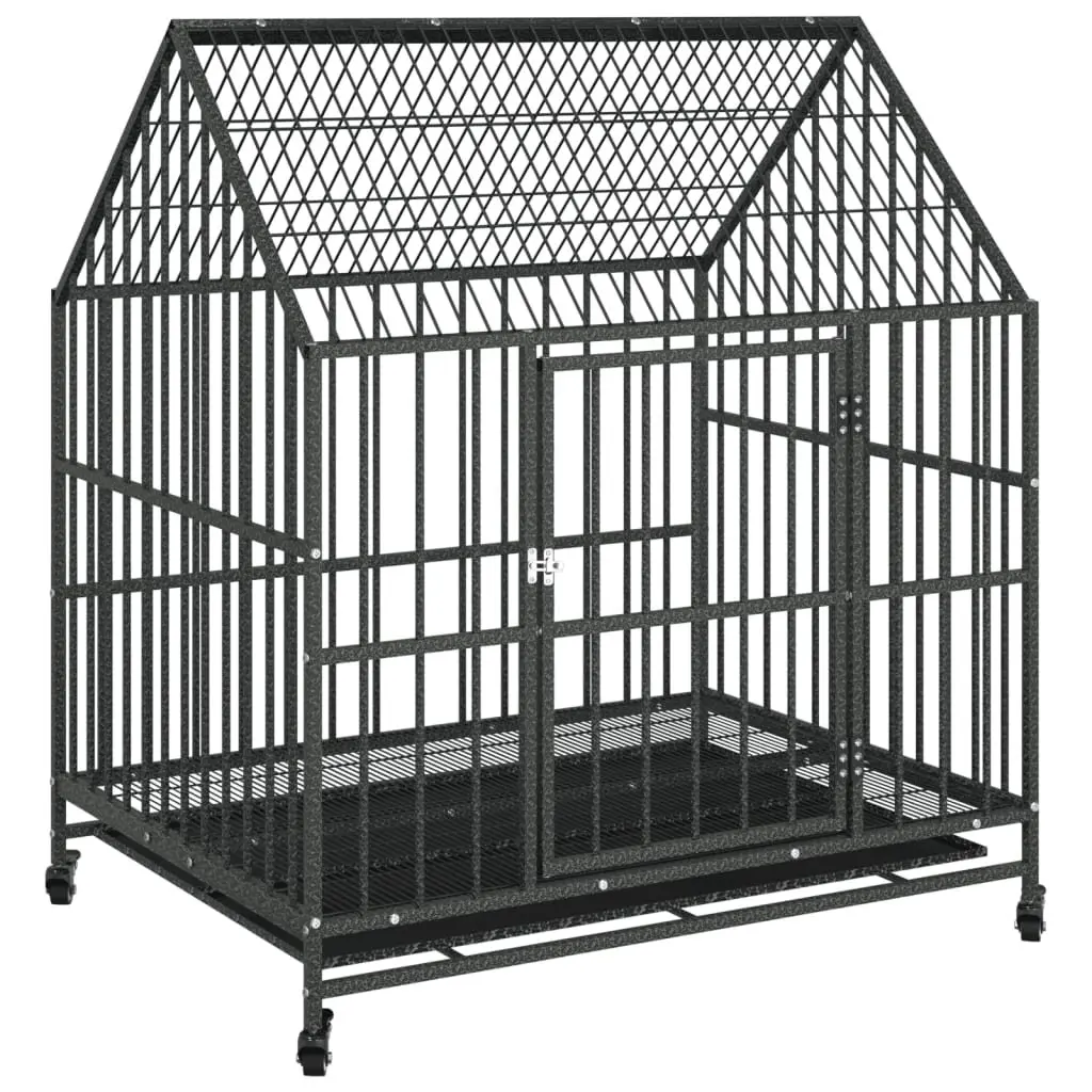 Dog Cage Outdoor Indoor Housing Black Galvanised Steel with Wheels