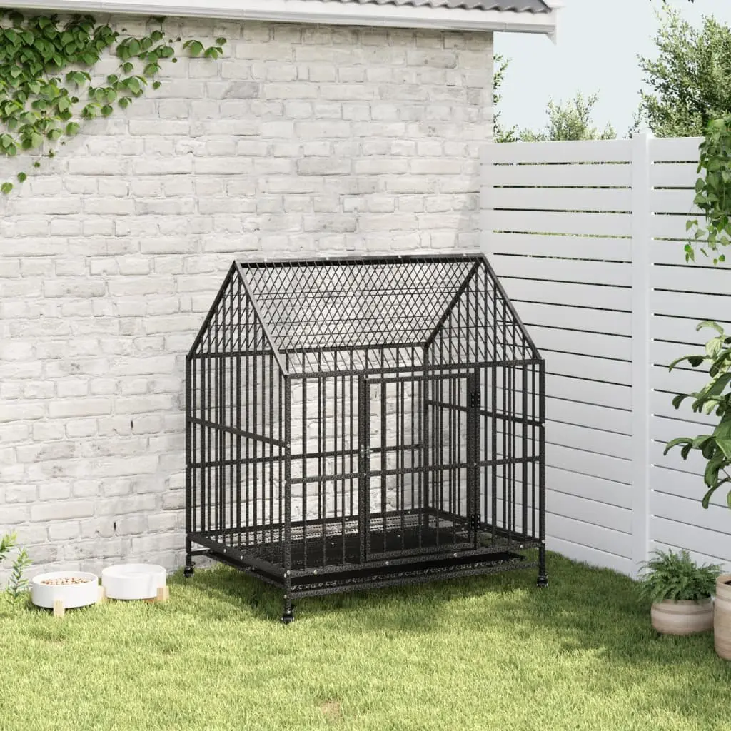 Dog Cage Outdoor Indoor Housing Black Galvanised Steel with Wheels