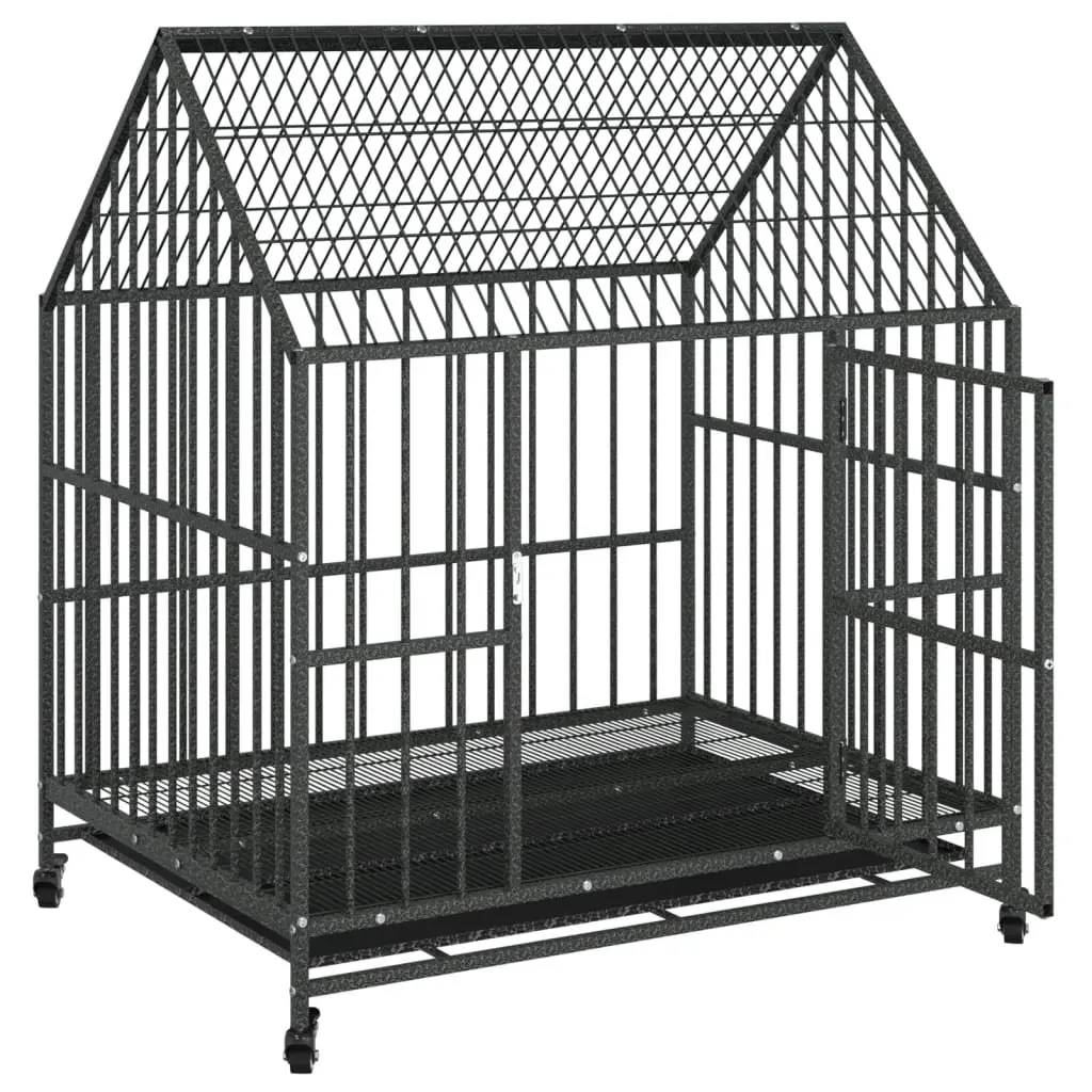 Dog Cage Outdoor Indoor Housing Black Galvanised Steel with Wheels