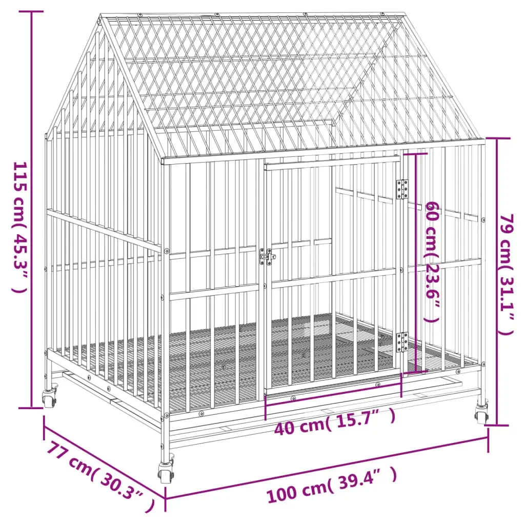 Dog Cage Outdoor Indoor Housing Black Galvanised Steel with Wheels