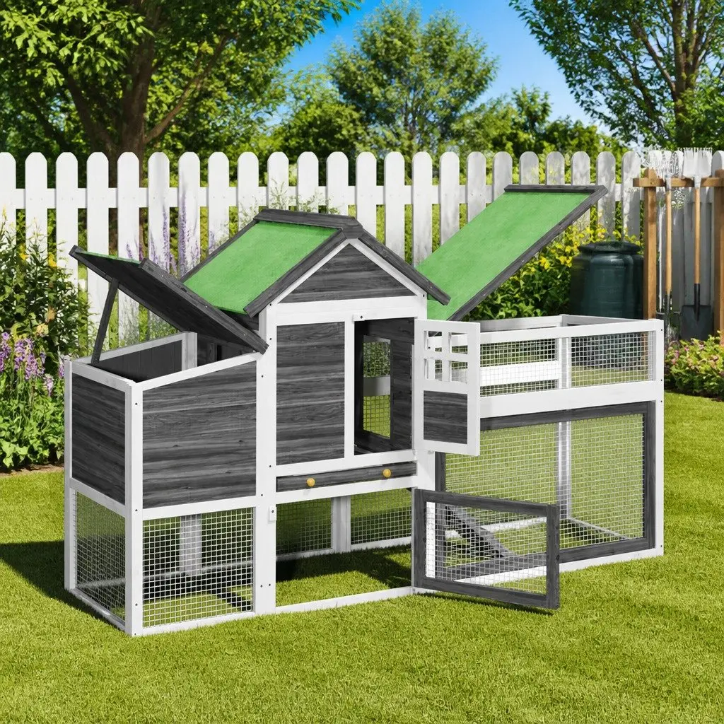 Chicken Coop Wooden Nesting Box Run Ramp 1865 x 585 x 1130 mm Grey Solid Pine Wood