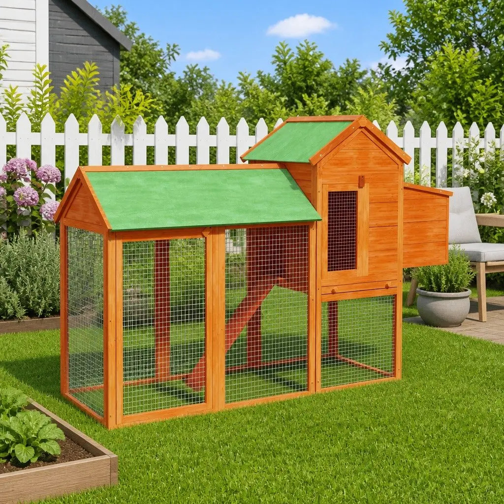 Chicken Coop Nesting Box Ramp Run Outdoor Solid Pine Wood Brown 193x65x117cm