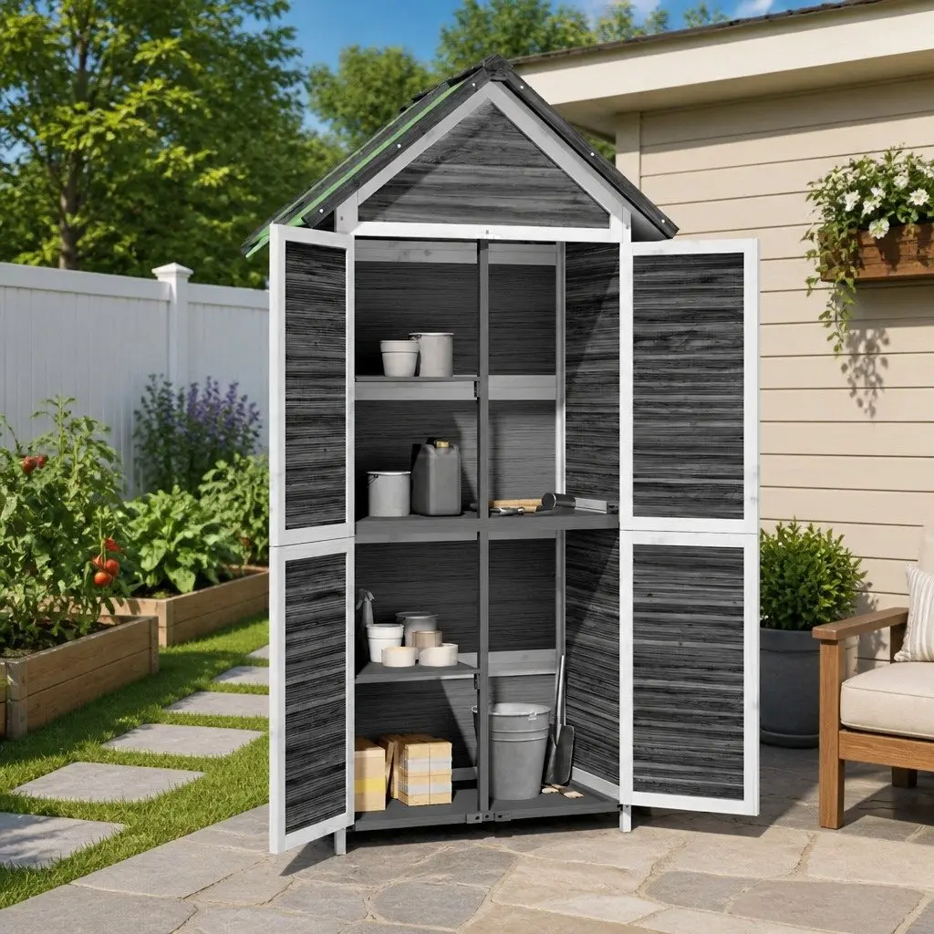 Garden Tool Shed Grey Outdoor Storage Solid Pine Wood Sloped Roof