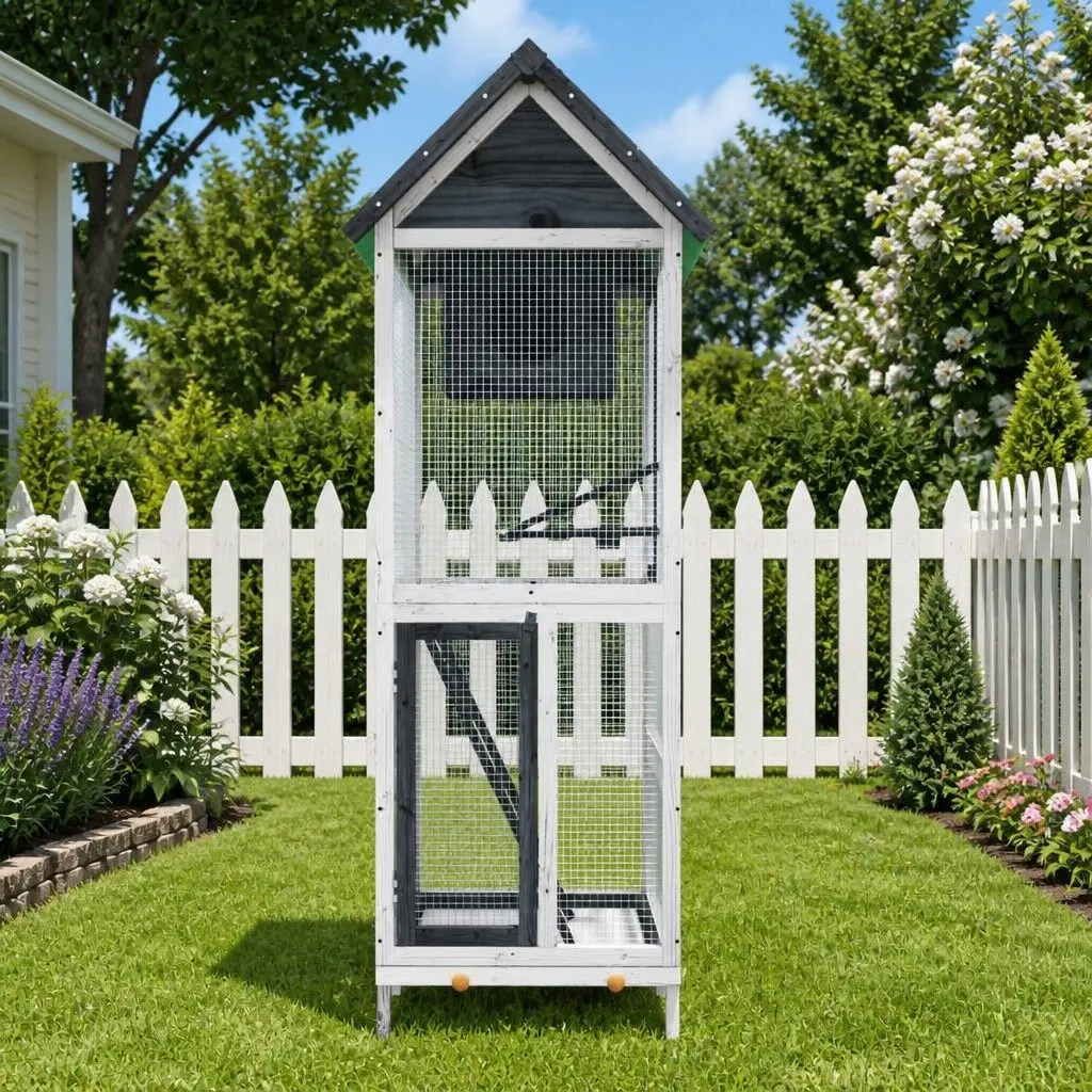 Bird House Aviary Outdoor Garden Solid Wood Pine Grey with Nesting Box and Ladder