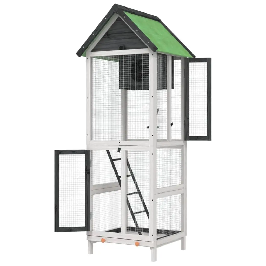 Bird House Aviary Outdoor Garden Solid Wood Pine Grey with Nesting Box and Ladder