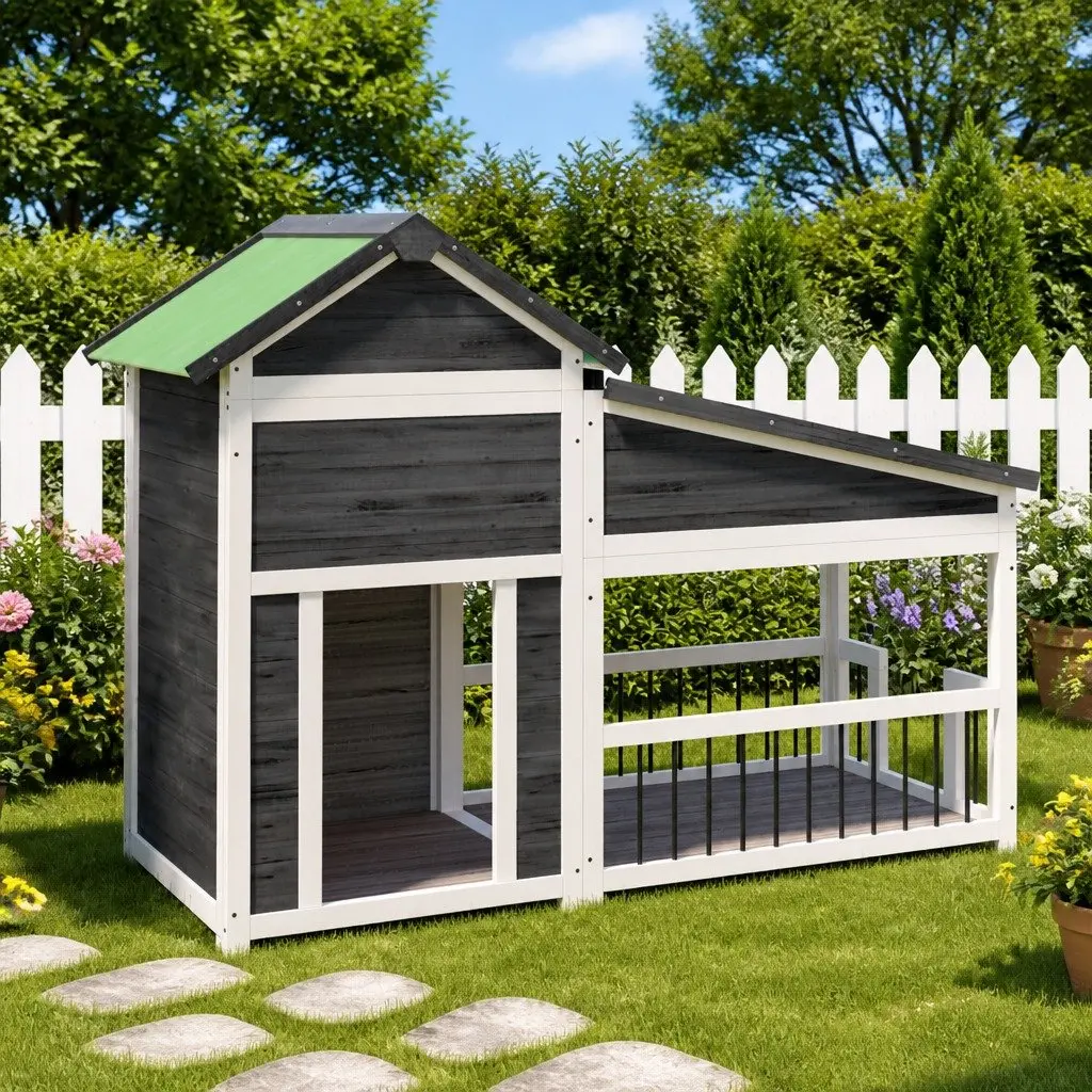 Dog Kennel Outdoor Pet House Shelter Large Grey Solid Wood Pine