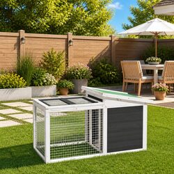 Rabbit Hutch Small Animal Cage Outdoor Wooden Hutch with Activity Centre Grey