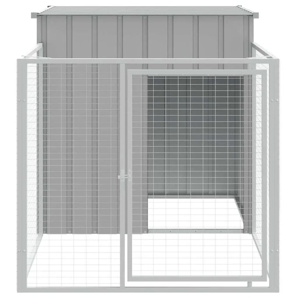 Dog House with Run Outdoor Pet Shelter Grey Galvanised Steel Enclosure 110 x 201 x 110 cm