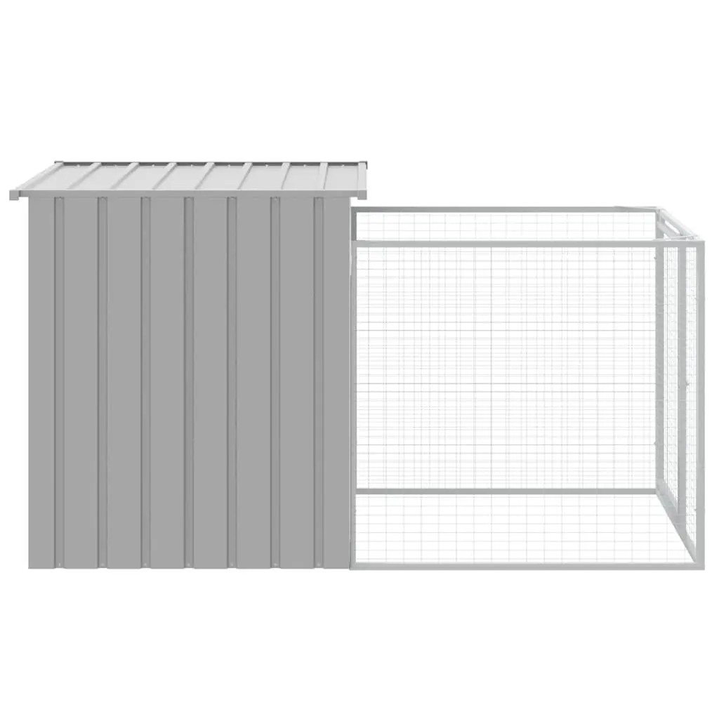 Dog House with Run Outdoor Pet Shelter Grey Galvanised Steel Enclosure 110 x 201 x 110 cm