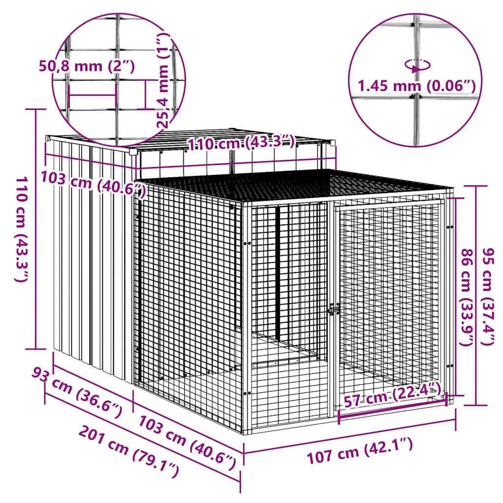 Chicken Cage with Run for Small Animals 110x201x110cm Anthracite Galvanised Steel