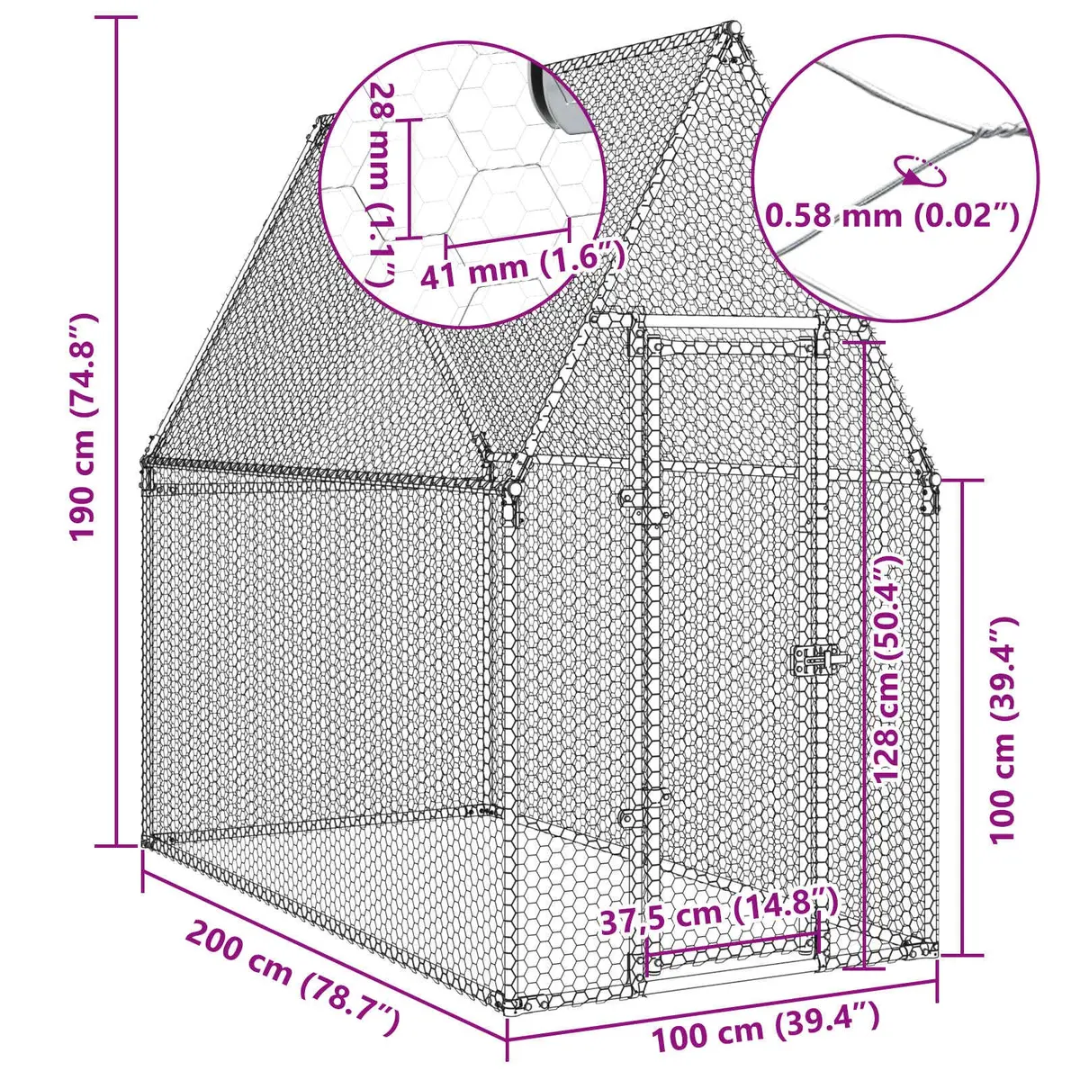 Chicken Cage Outdoor Enclosure 200x100x190 cm Galvanised Steel Walk In Coop Silver