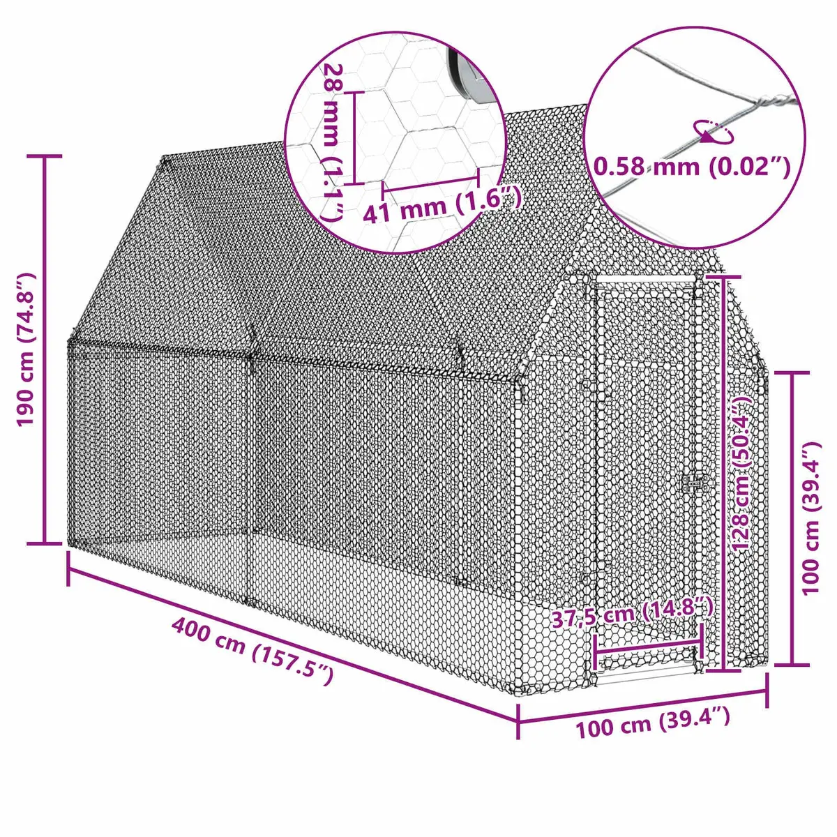 Chicken Cage Outdoor Enclosure Small Animal Habitat 400 x 100 x 190 cm Silver Galvanised Steel