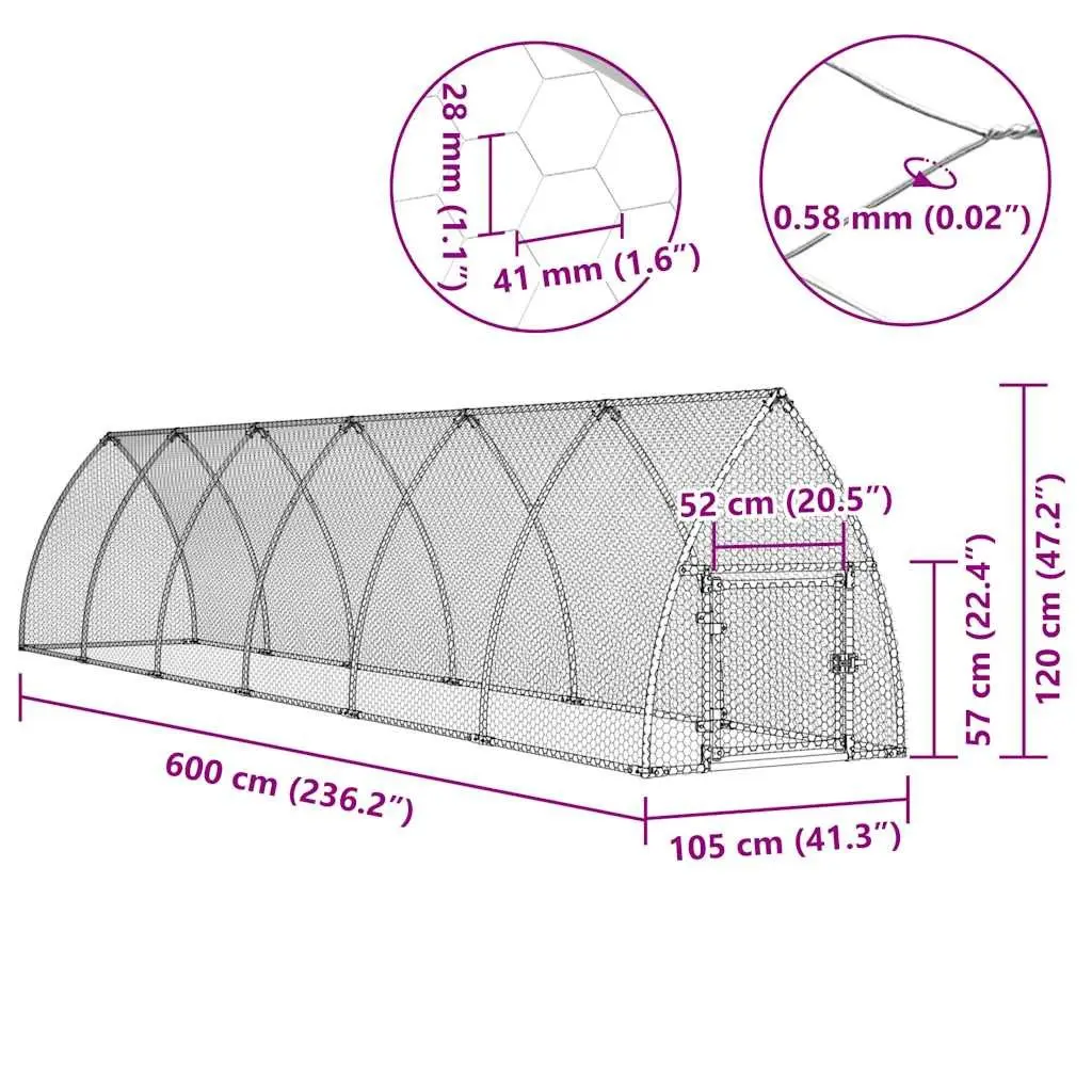 Chicken Cage Outdoor Enclosure Galvanised Steel 600x105x120cm Silver
