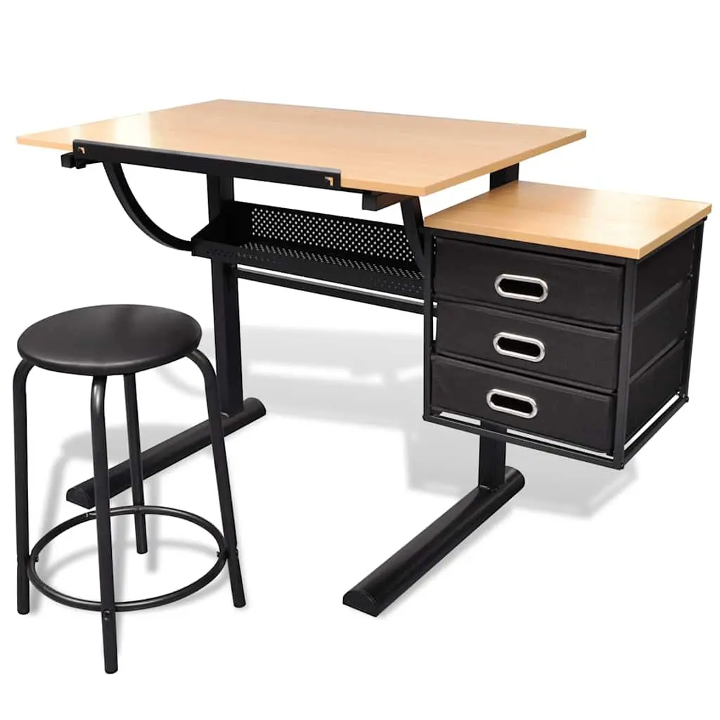 Drawing Desk Drafting Table with Stool Tiltable Tabletop Three Drawers Storage