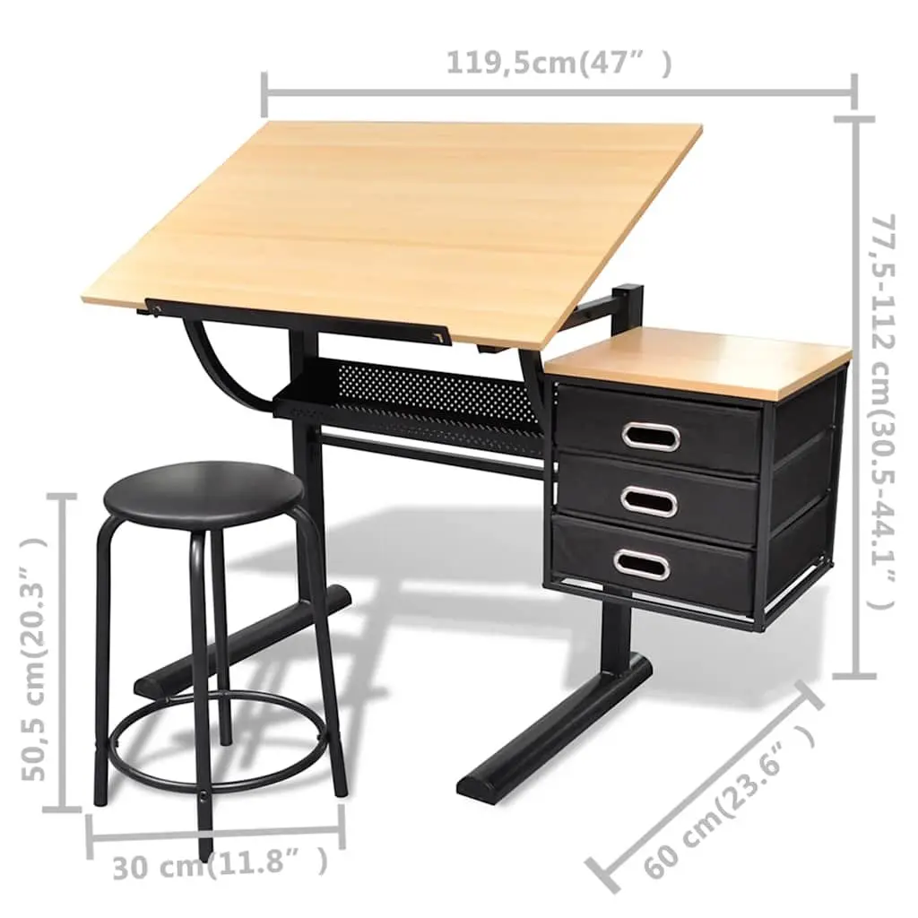 Drawing Desk Drafting Table with Stool Tiltable Tabletop Three Drawers Storage