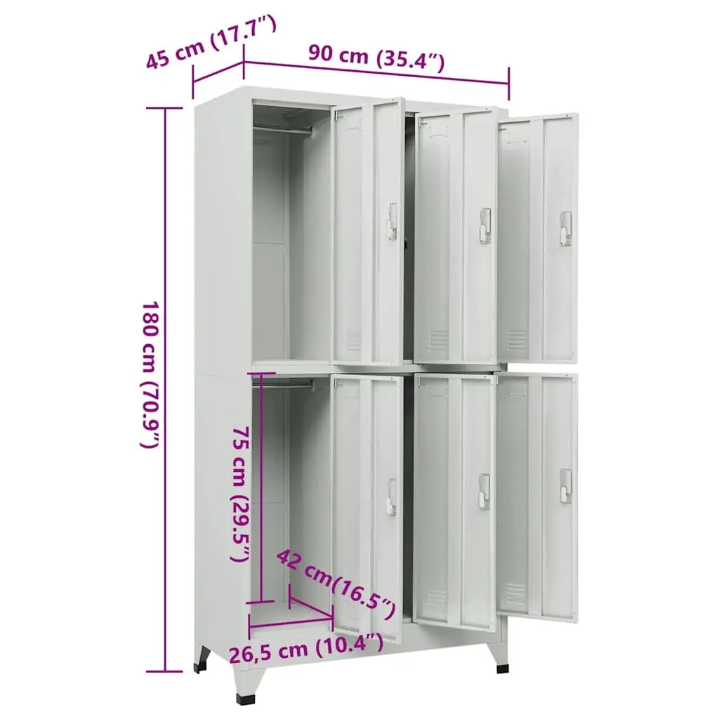 Locker Cabinet 6 Compartments Steel Storage Office Gym Changing Room Grey 90W x 45D x 180H cm