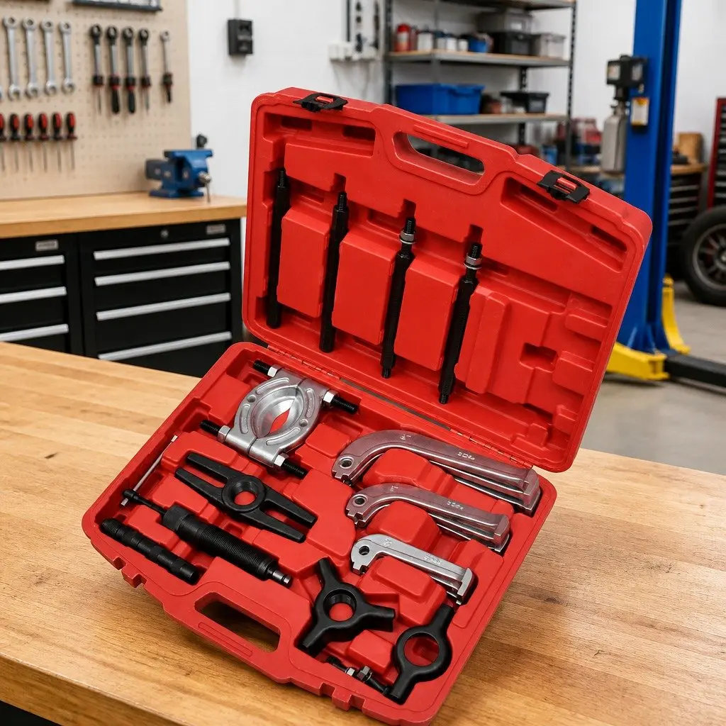 25 Piece Hydraulic Puller Tool Set for Bearing Separation and Installation in Grey