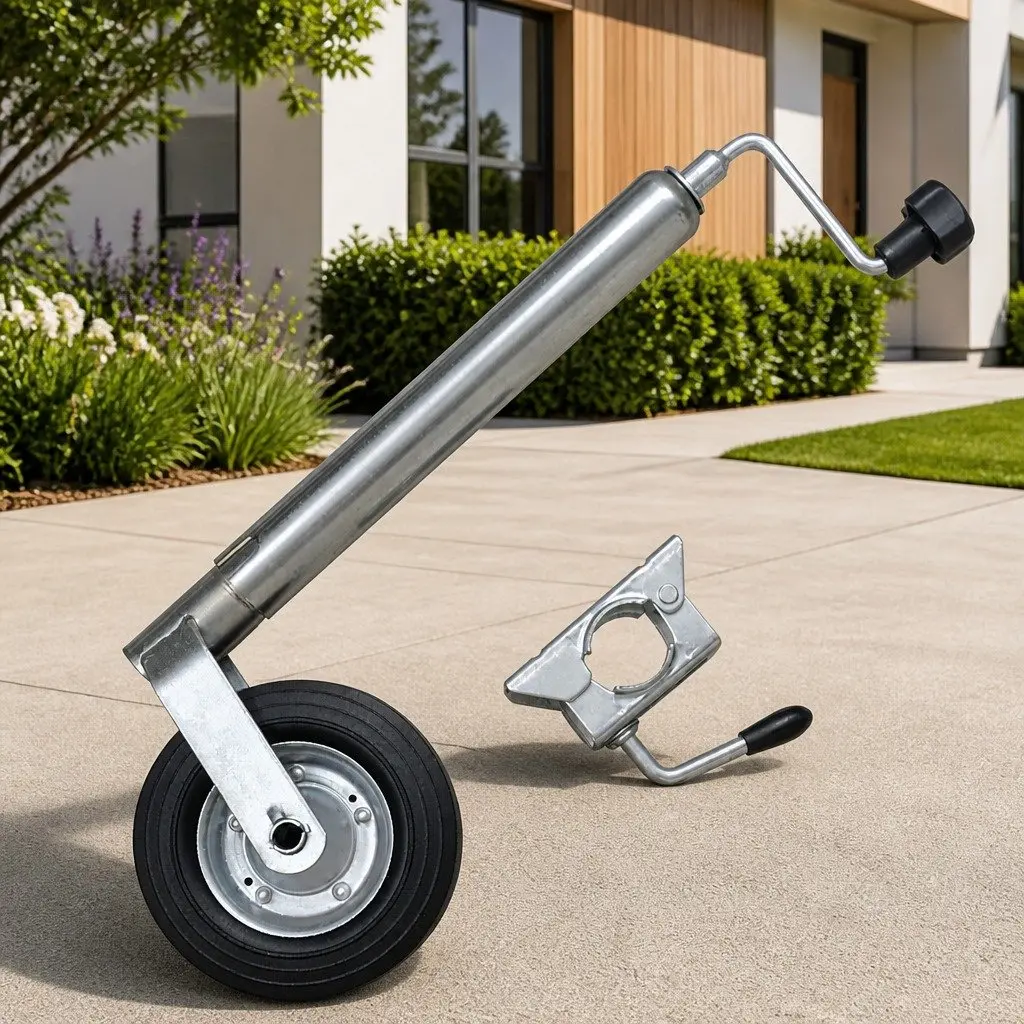 Jockey Wheel Trailer Coupling Silver 48mm 200mm Wheel Adjustable Height 53cm to 75cm Galvanised Steel