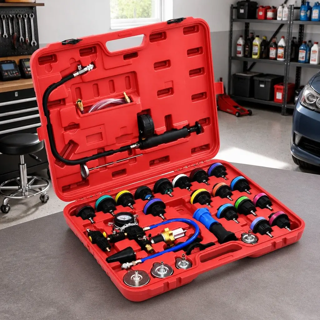 Cooling System Pressure Tester Kit 28 Piece Radiator Cap Adapter Hand Tool Set Silver