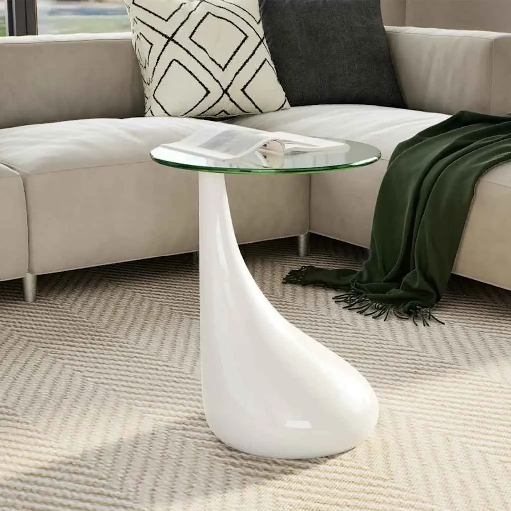 Round White Coffee Table High Gloss Water Drop Base Glass Top Living Room Accent